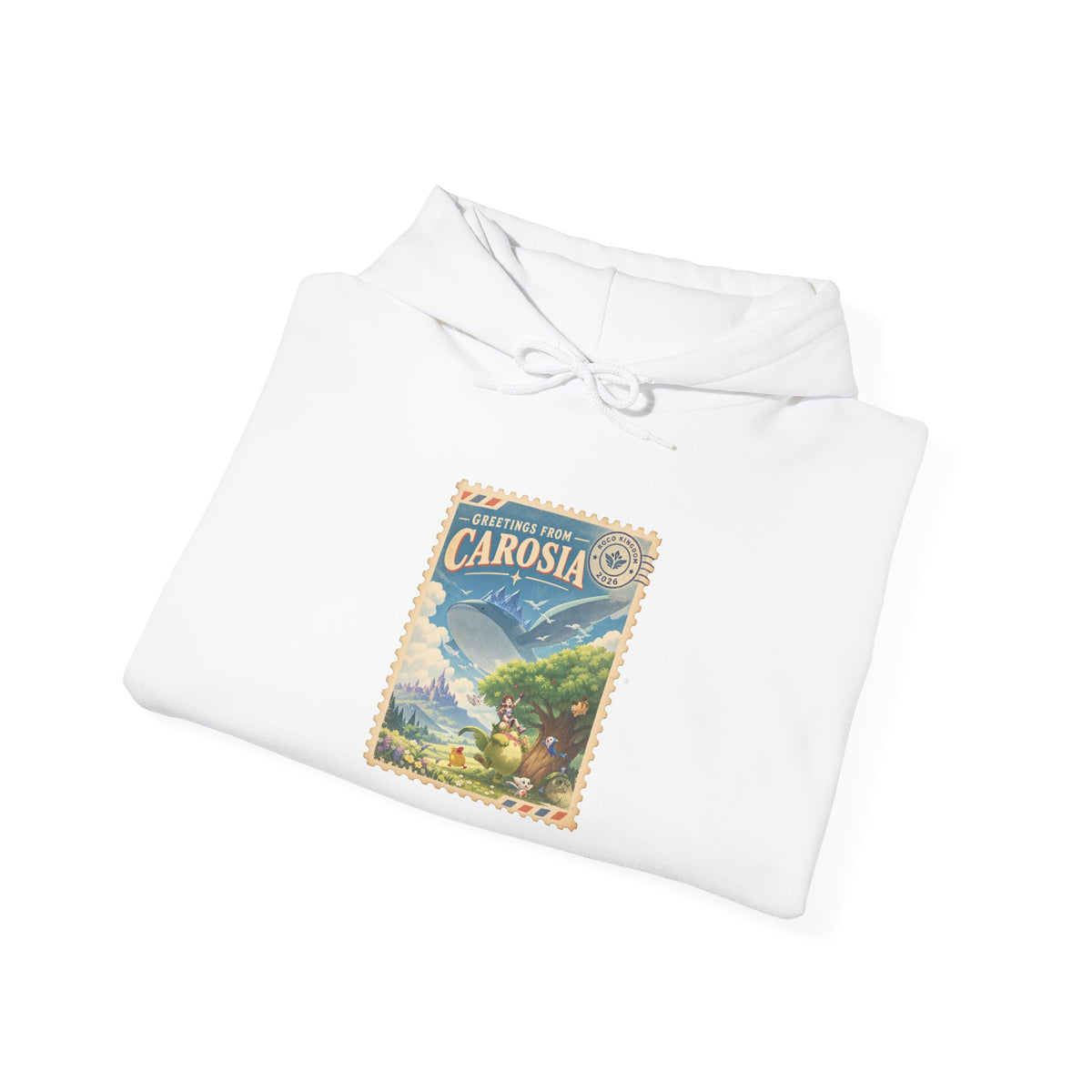 Carosia postcard hoodie in black, front view – Carosia Postcard design, official Roco Kingdom merch
