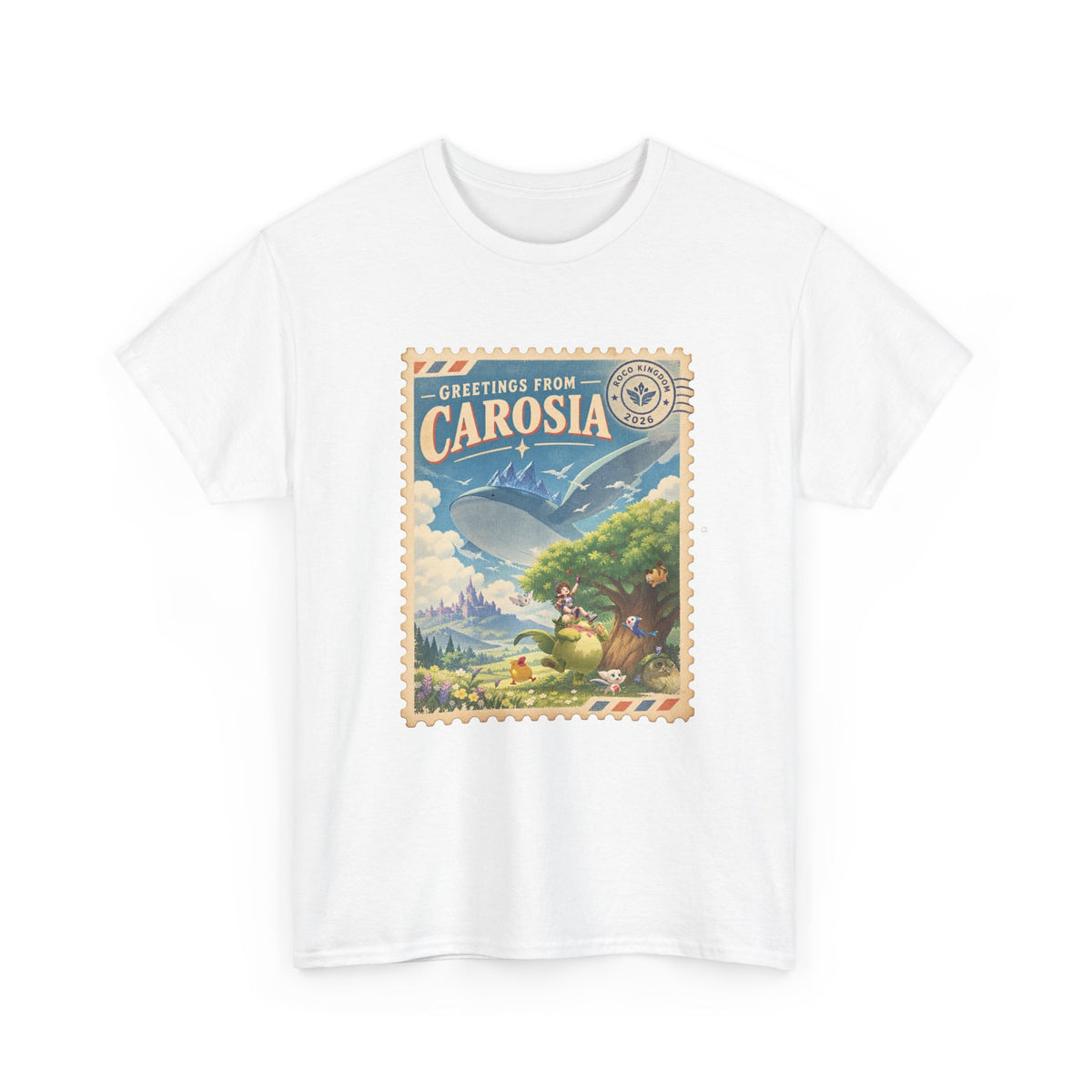 Carosia postcard tee in white, front view – Carosia Postcard design, official Roco Kingdom merch