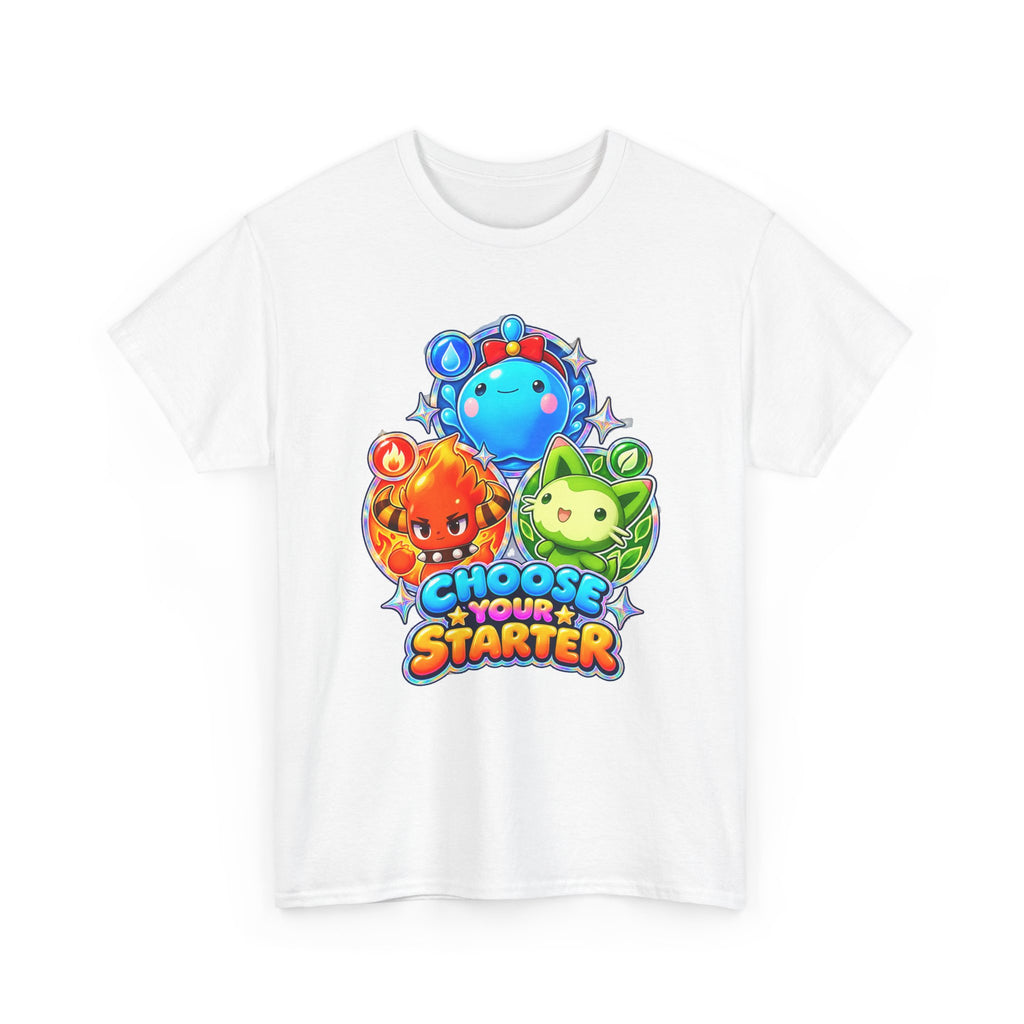 Roco Kingdom starter shirt in white, front view – Choose Your Starter design, official Roco Kingdom merch