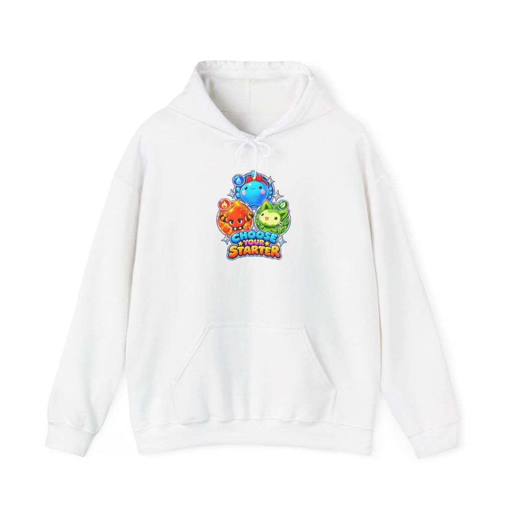 Roco Kingdom starter hoodie in white, front view – Choose Your Starter design, official Roco Kingdom merch